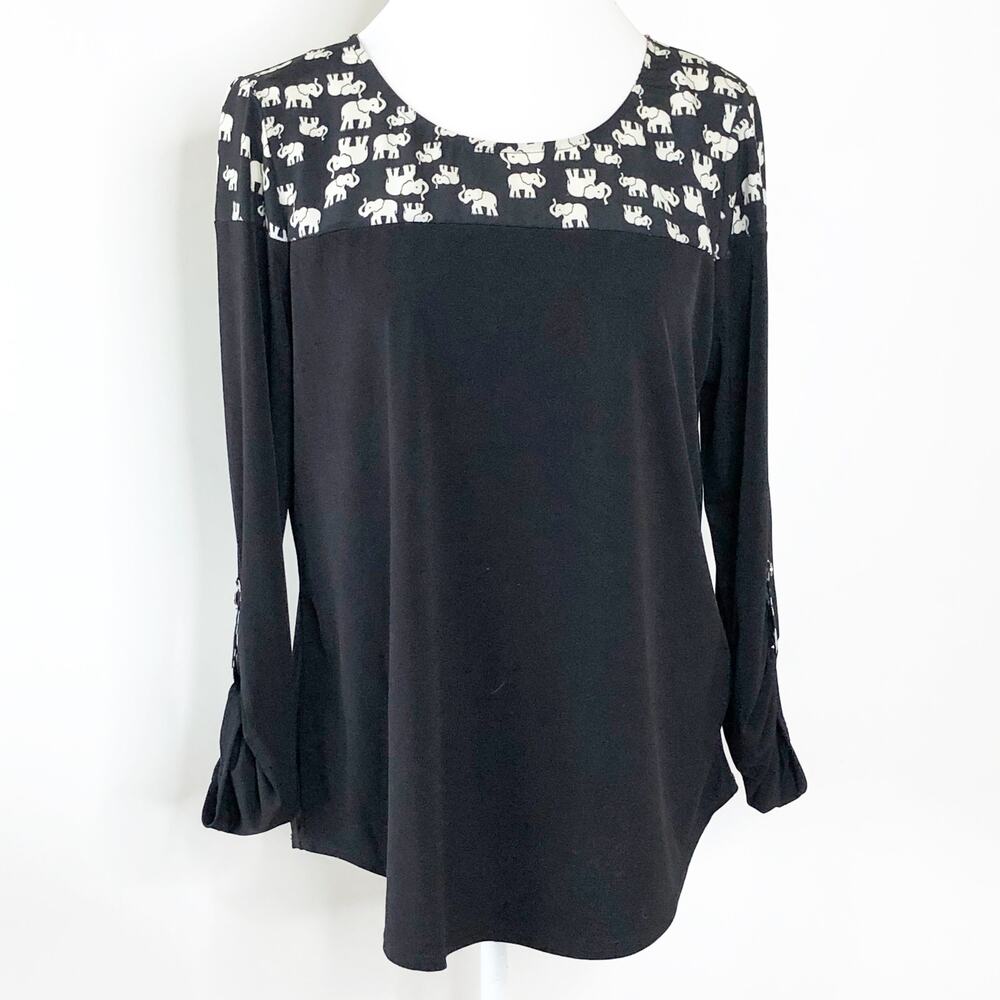 NY Collection Large Black Top Elephant Novelty Print Knit Tab Sleeve